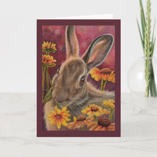 Autumn Bunny Rabbit Yellow Flowers Watercolor Art  Card (Front)