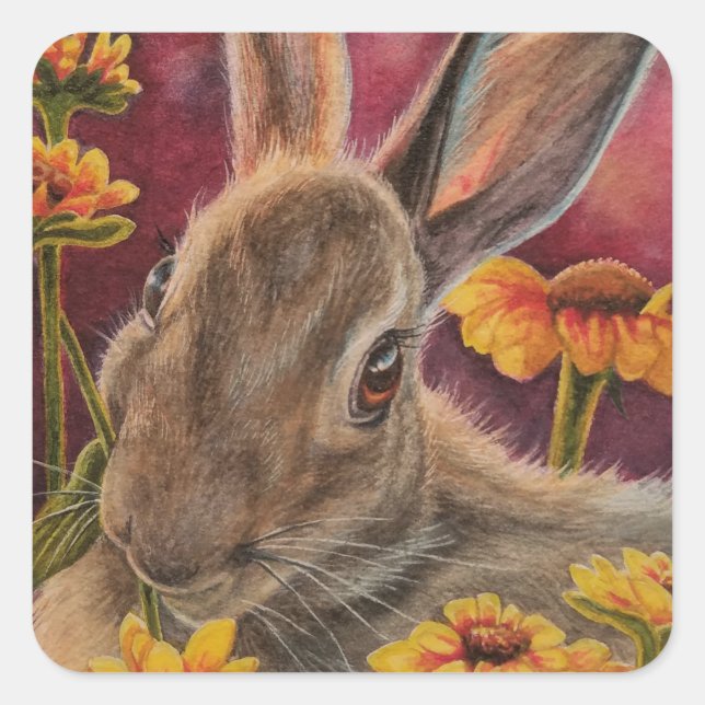 Autumn Bunny Rabbit Yellow Flowers Watercolor Art Square Sticker (Front)