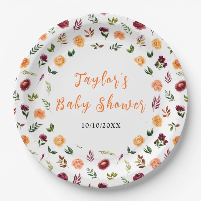Autumn Burgundy and Orange Floral Baby Shower Paper Plate (Front)