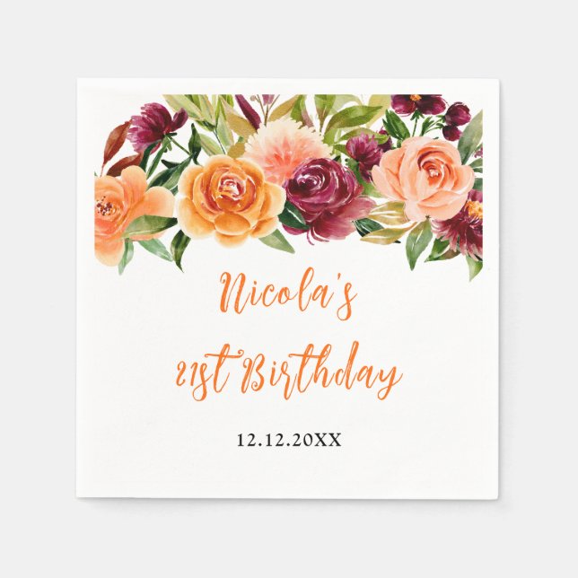 Autumn Burgundy and Orange Floral Birthday Napkin (Front)