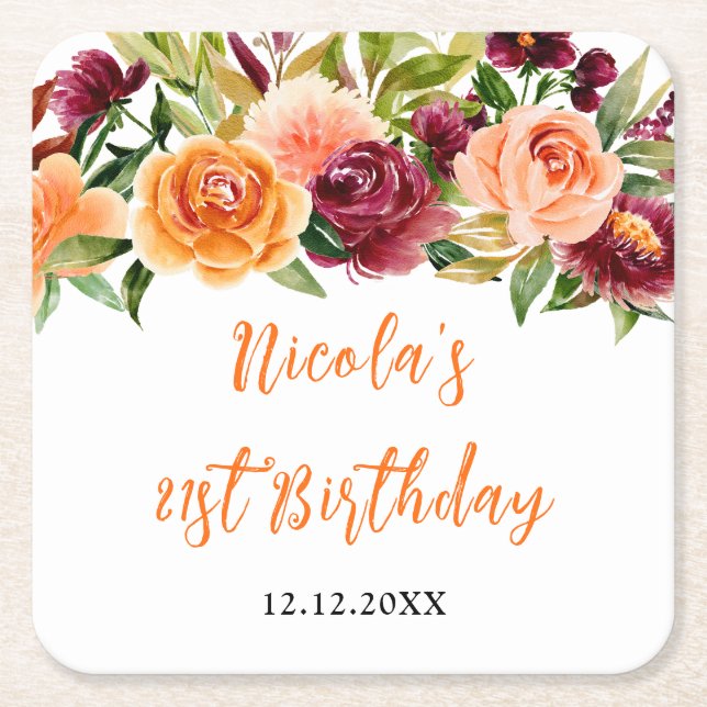 Autumn Burgundy and Orange Floral Birthday Square Paper Coaster (Front)