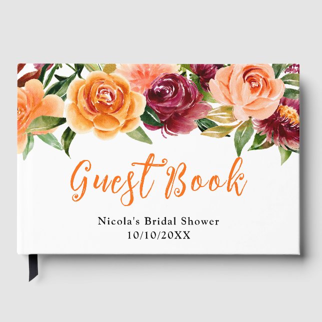 Autumn Burgundy and Orange Floral Bridal Shower Guest Book (Front)