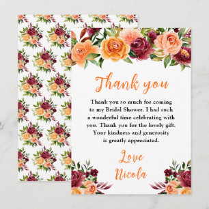 Autumn Burgundy and Orange Floral Bridal Shower Thank You Card