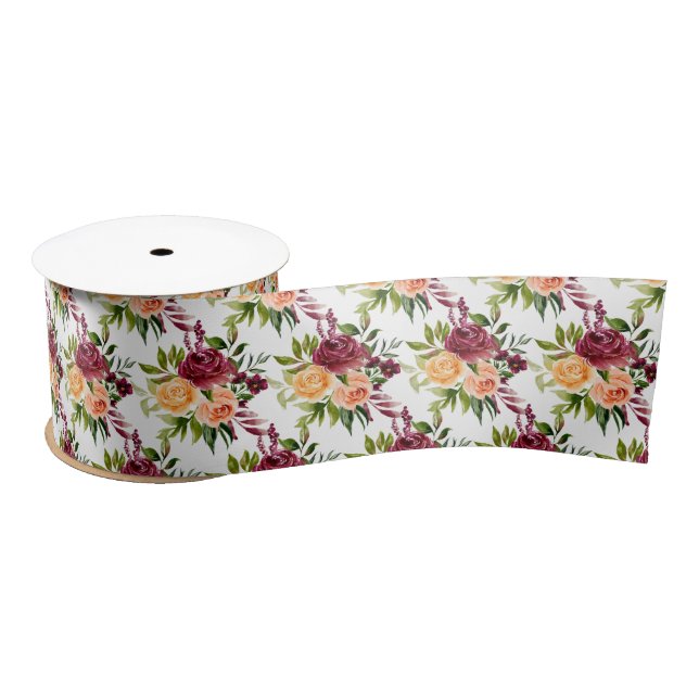 Autumn Burgundy and Orange Floral Satin Ribbon (Spool)