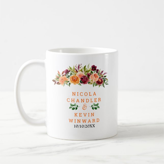 Autumn Burgundy and Orange Floral Wedding Coffee Mug (Left)