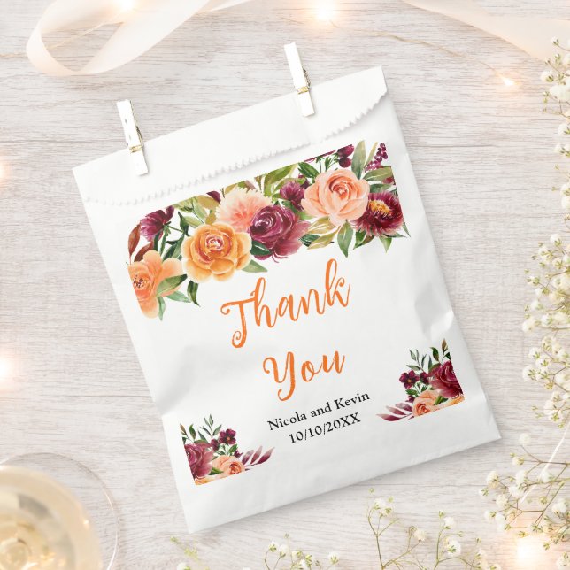 Autumn Burgundy and Orange Floral Wedding Favour Bag (Clipped)