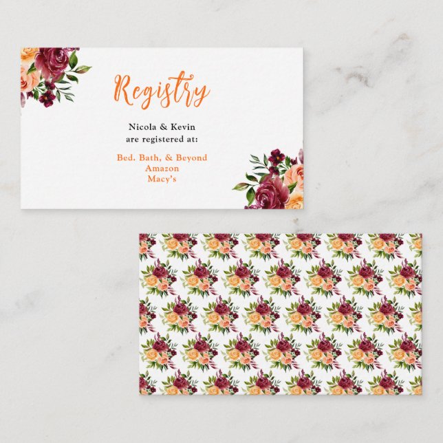 Autumn Burgundy and Orange Floral Wedding Registry Enclosure Card (Front/Back)
