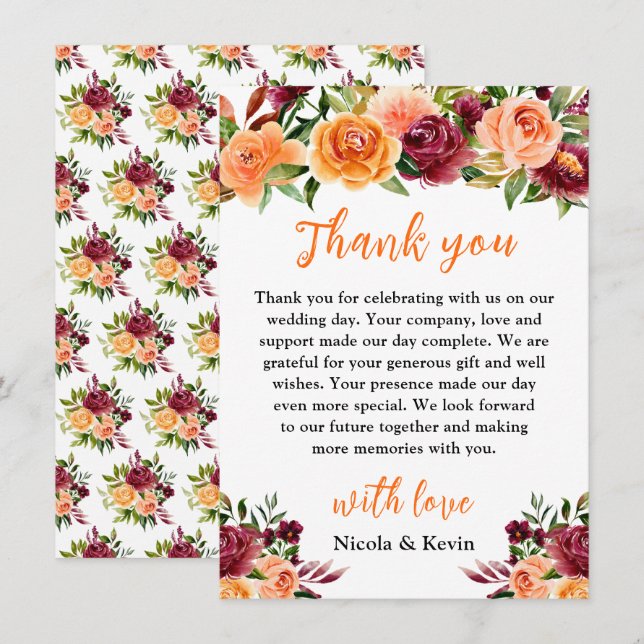 Autumn Burgundy and Orange Floral Wedding Thank You Card (Front/Back)