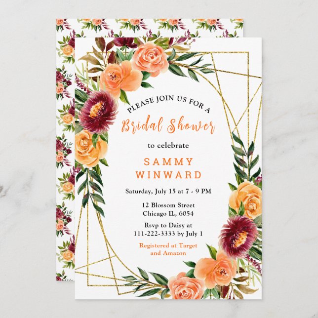 Autumn Burgundy and Orange Flowers Invitation (Front/Back)