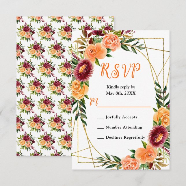 Autumn Burgundy and Orange Flowers RSVP Card (Front/Back)