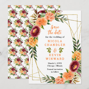 Autumn Burgundy and Orange Flowers Save The Date