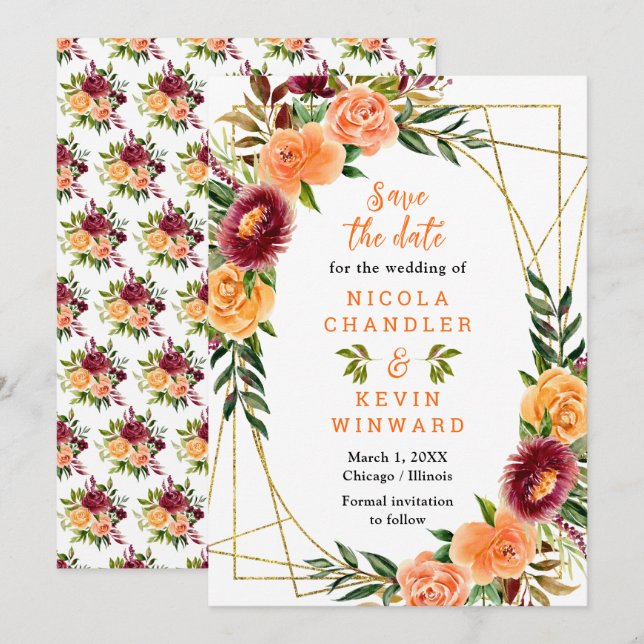 Autumn Burgundy and Orange Flowers Save The Date (Front/Back)