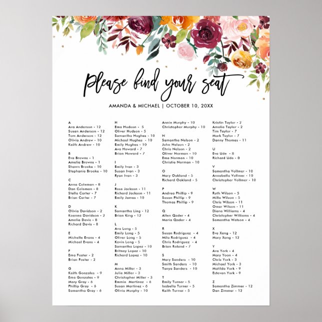 Autumn Burgundy Blush Alphabetical Seating Chart (Front)