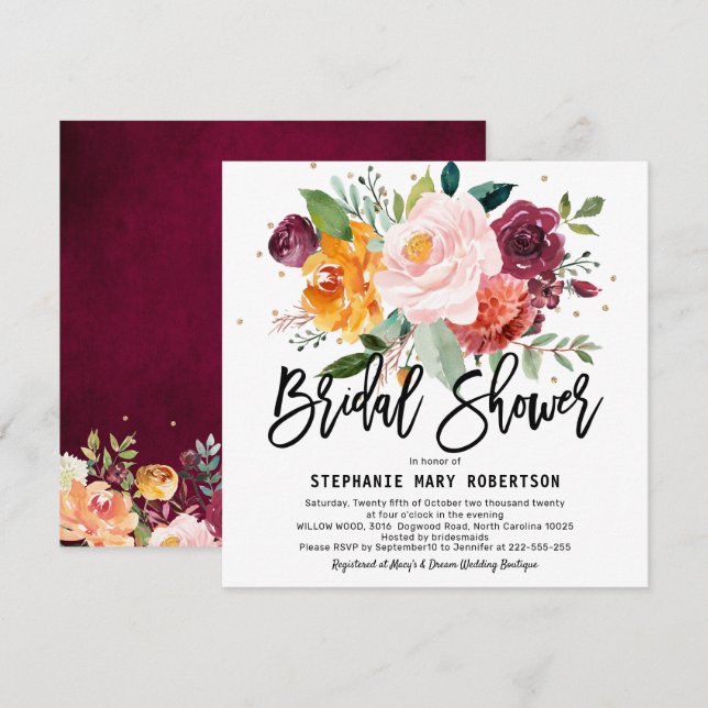 Autumn Burgundy Blush Floral Blossom Bridal Shower Invitation (Front/Back)