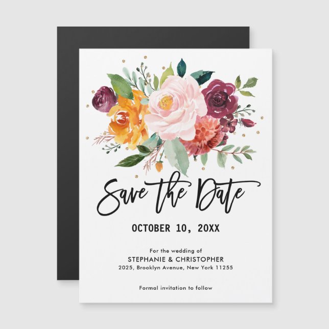 Autumn Burgundy Blush Floral Blossom Save the date Magnetic Invitation (Front/Back)