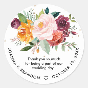 Autumn Burgundy Blush Floral Blossom Wedding Classic Round Sticker