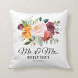 Autumn Burgundy Blush Floral Blossom Wedding Cushion<br><div class="desc">Watercolor autumn / fall floral wedding gift pillow features a stunning bouquet of blush, orange peach, and marsala burgundy rose flowers with lush green botanical leaves and eucalyptus leaves and faux gold glitter. This colourful invitation will be perfect for fall or autumn weddings, spring weddings, and boho-themed weddings. Please find...</div>
