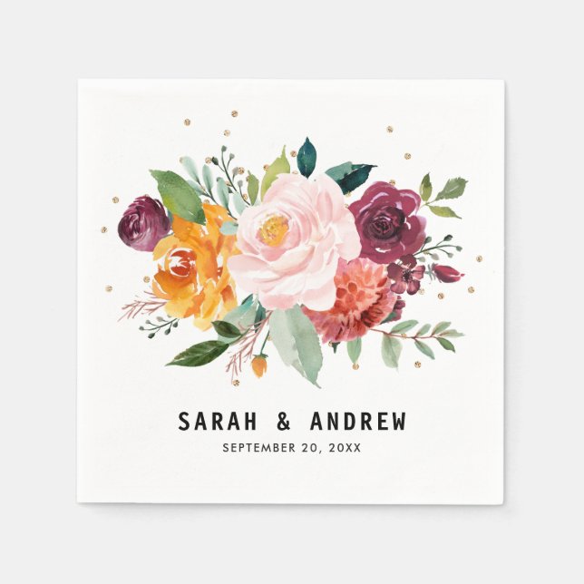 Autumn Burgundy Blush Floral Blossom Wedding Napkin (Front)