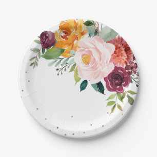 Autumn Burgundy Blush Floral Blossom Wedding Paper Plate