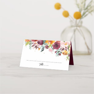 Autumn Burgundy Blush Floral Blossom Wedding Place Card