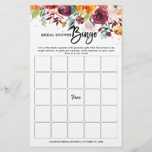 Autumn Burgundy Blush Floral Bridal Shower Bingo