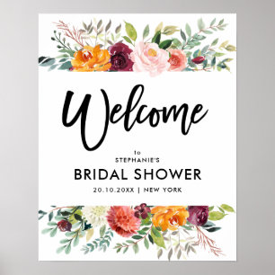 Autumn Burgundy Blush Floral Bridal shower welcome Poster