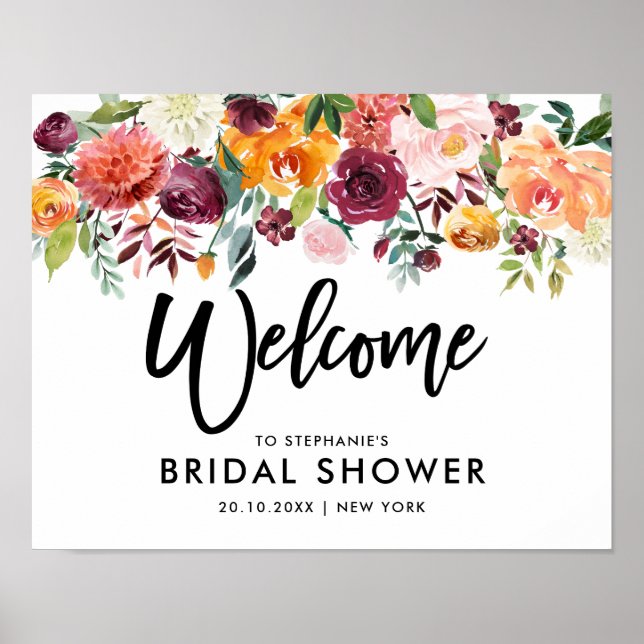 Autumn Burgundy Blush Floral Bridal shower welcome Poster (Front)