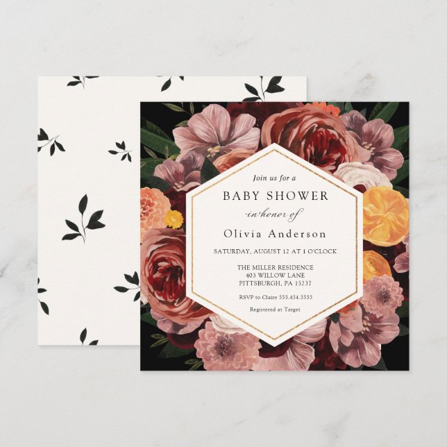 Autumn Burgundy Floral Baby Shower Invitation (Front/Back)