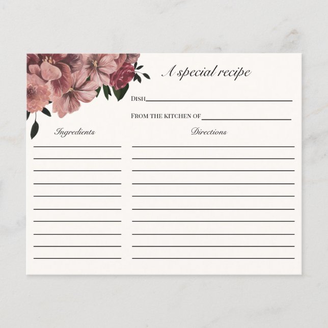Autumn Burgundy Floral Bridal Shower Recipe card (Front)