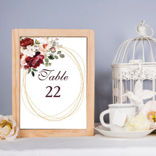 Autumn Burgundy Floral Gold Border Wedding Table Number
