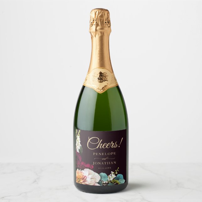 Autumn Burgundy Floral Gold Script Cheers! Wedding Sparkling Wine Label (Front)