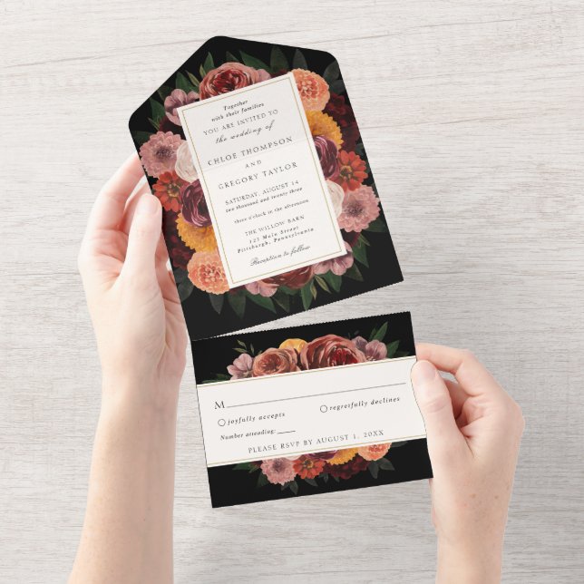 Autumn Burgundy Floral Wedding  All In One Invitat Invitation (Tearaway)