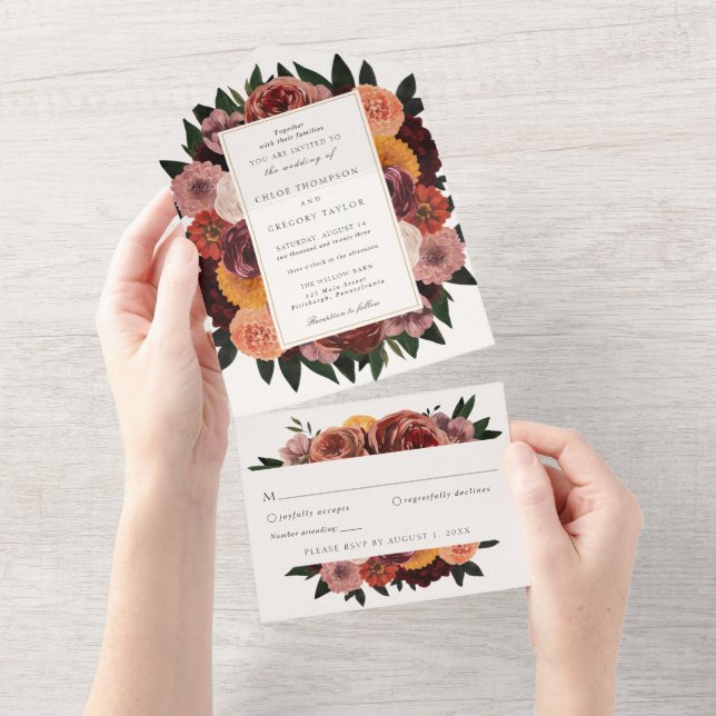 Autumn Burgundy Floral Wedding  All In One Invitation (Tearaway)