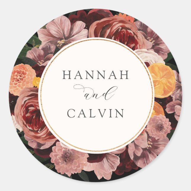 Autumn Burgundy Floral Wedding Classic Classic Round Sticker (Front)
