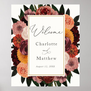 Autumn Burgundy Floral Wedding Welcome Sign