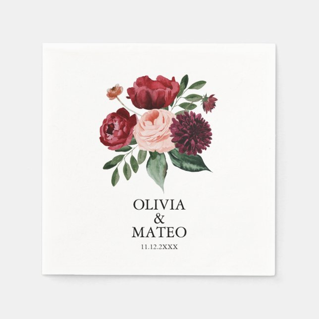 Autumn Burgundy Flower Wedding Napkin (Front)