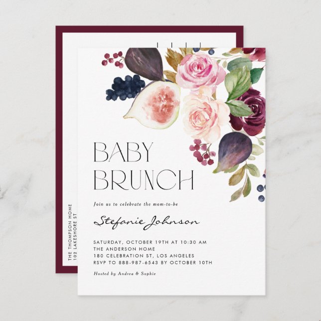 Autumn Burgundy Flowers and Figs Fall Baby Brunch Invitation Postcard (Front/Back)