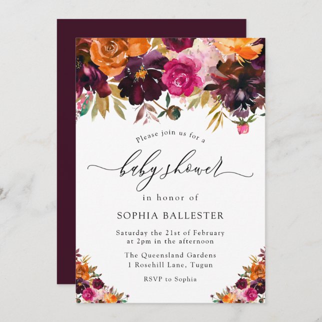 Autumn Burgundy Flowers Fall Baby Shower Invitation (Front/Back)