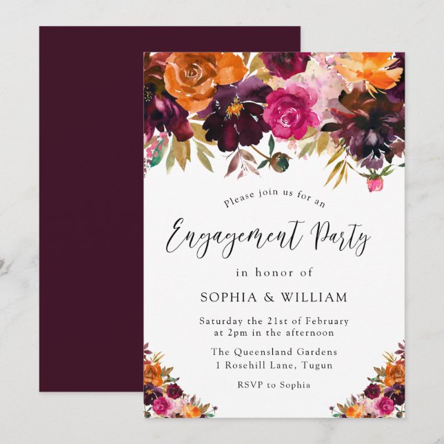 Autumn Burgundy Flowers Fall Engagement Party Invitation (Front/Back)