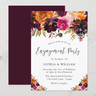 Autumn Burgundy Flowers Fall Engagement Party Invitation