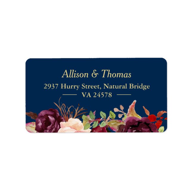 Autumn Burgundy Marsala Floral Navy Blue Wedding Label (Front)