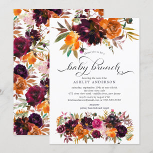 Autumn Burgundy & Orange Floral Baby Brunch Invitation