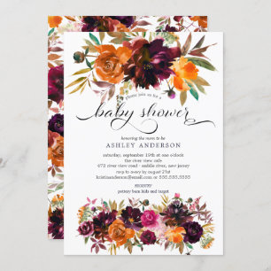 Autumn Burgundy & Orange Floral Baby Shower Invitation