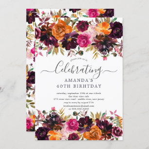 Autumn Burgundy & Orange Floral Birthday Party Invitation