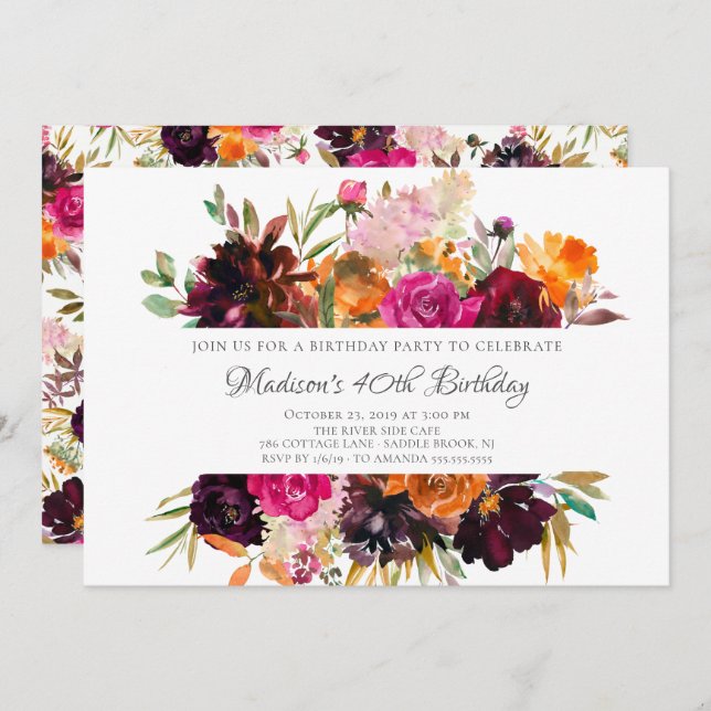 Autumn Burgundy & Orange Floral Birthday Party Invitation (Front/Back)
