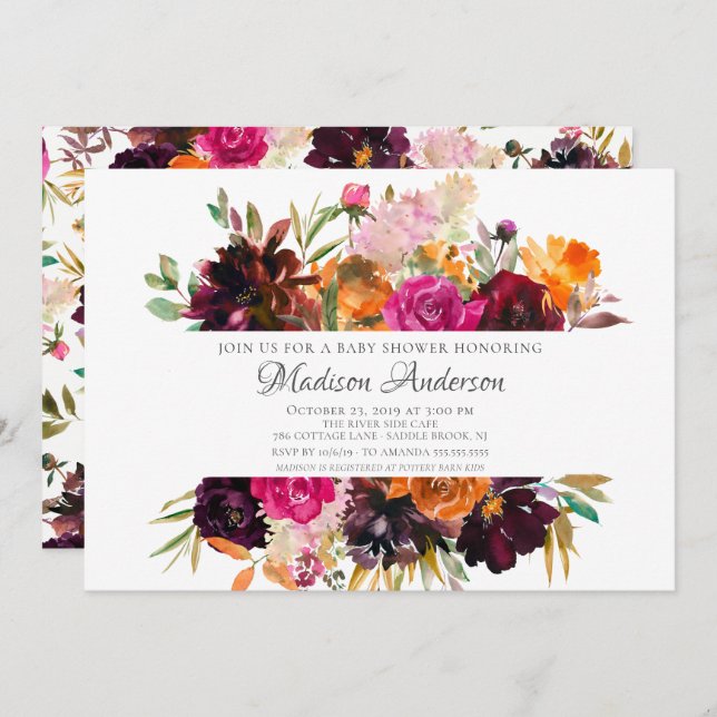 Autumn Burgundy & Orange Floral Bridal Shower Invitation (Front/Back)