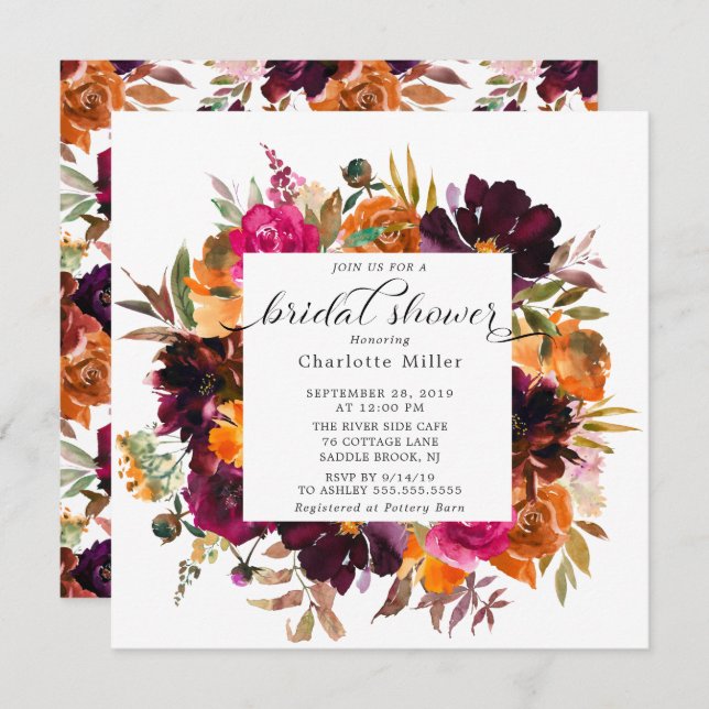 Autumn Burgundy & Orange Floral Bridal Shower Invitation (Front/Back)