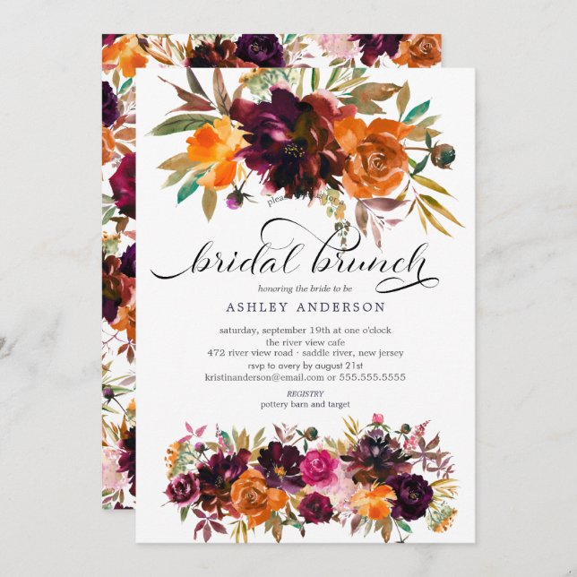 Autumn Burgundy & Orange Floral Bridal Shower Invitation (Front/Back)