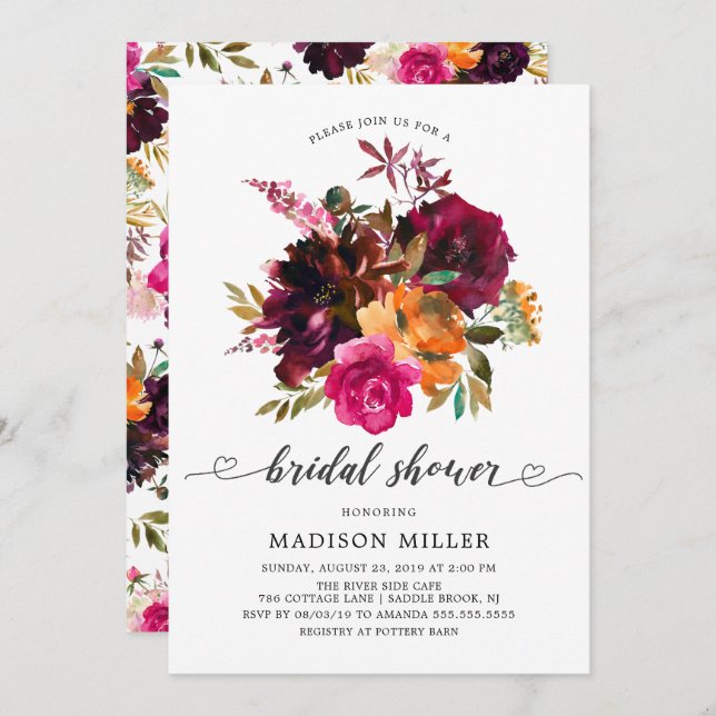 Autumn Burgundy & Orange Floral Bridal Shower Invitation (Front/Back)