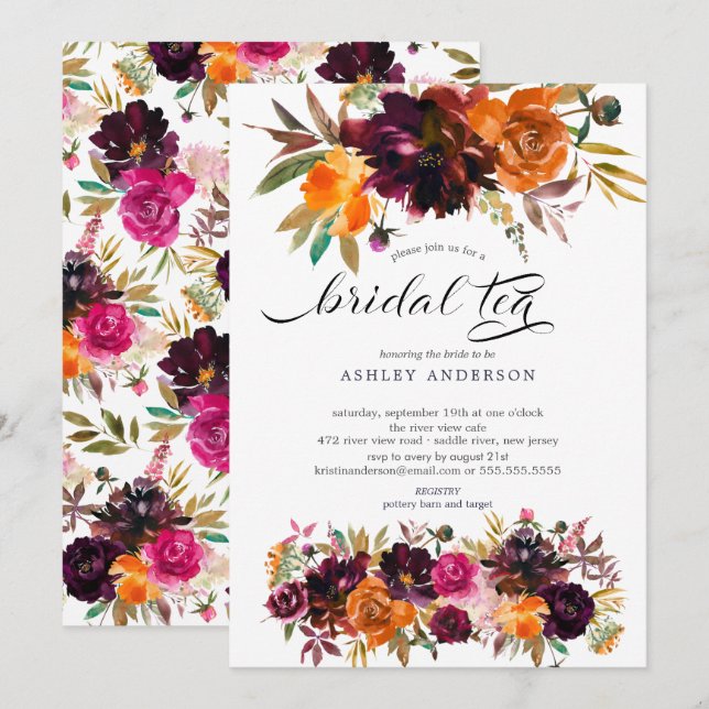 Autumn Burgundy & Orange Floral Bridal Tea Invitation (Front/Back)